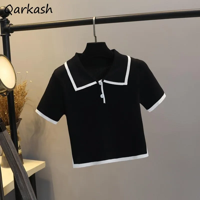 

Футболка женская трикотажная с коротким рукавом, универсальный облегающий кроп-топ в стиле преппи, милый модный топ в Корейском стиле Харад...