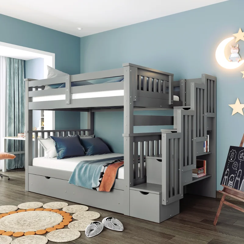 

Ull Over Full Bunk Bed with Shelves and 6 Storage Drawers\ Gray(Old SKU：LP000046AAE) Gray Solid Wood [US Stock]