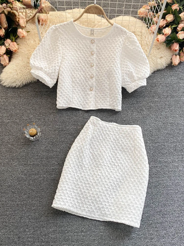 

2022 Summer Fashion Elegant Sweet Chic Women Skirt Sets Puff Sleeve Thin Suit with Skirt Short Top High Waist Skirt 2 Piece Set