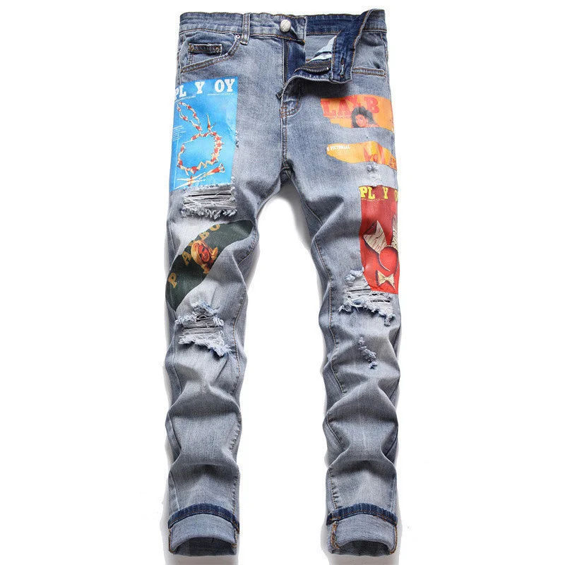 2022 Fashion Pictorial Print Elastic Motorcycle Pants Hip Hop Jean Men America High Street Jean Trouser Men Blue Graphic Jean