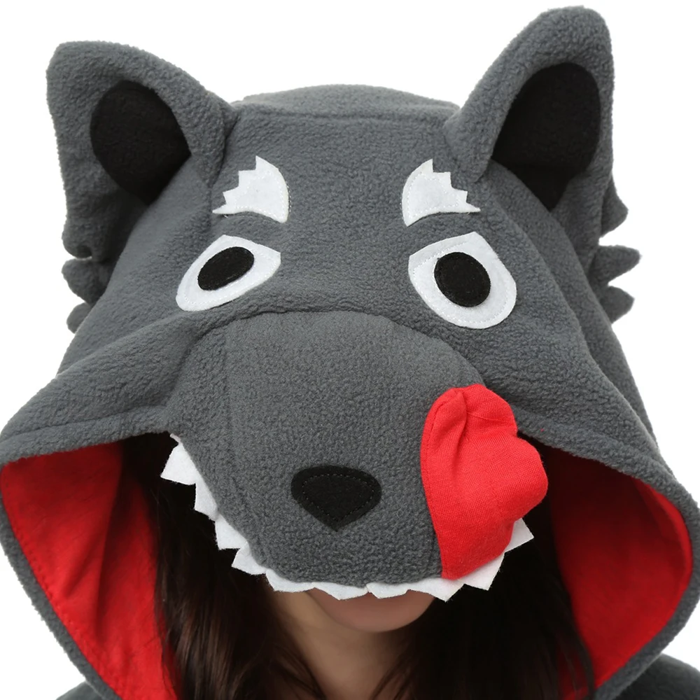 Young Women Winter One-Piece Grey Animal Cartoon Pajamas With Big Tusks And A Tail Polyester Warm Comfortable Sleepwear Cosplay