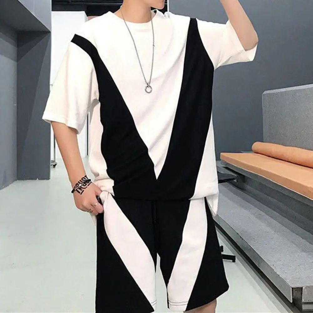 Men  sets Casual Hip Hop- Tshirts Fashion Patchwork Streetwear West Coast Popular Cargo Color Contrast Oversize