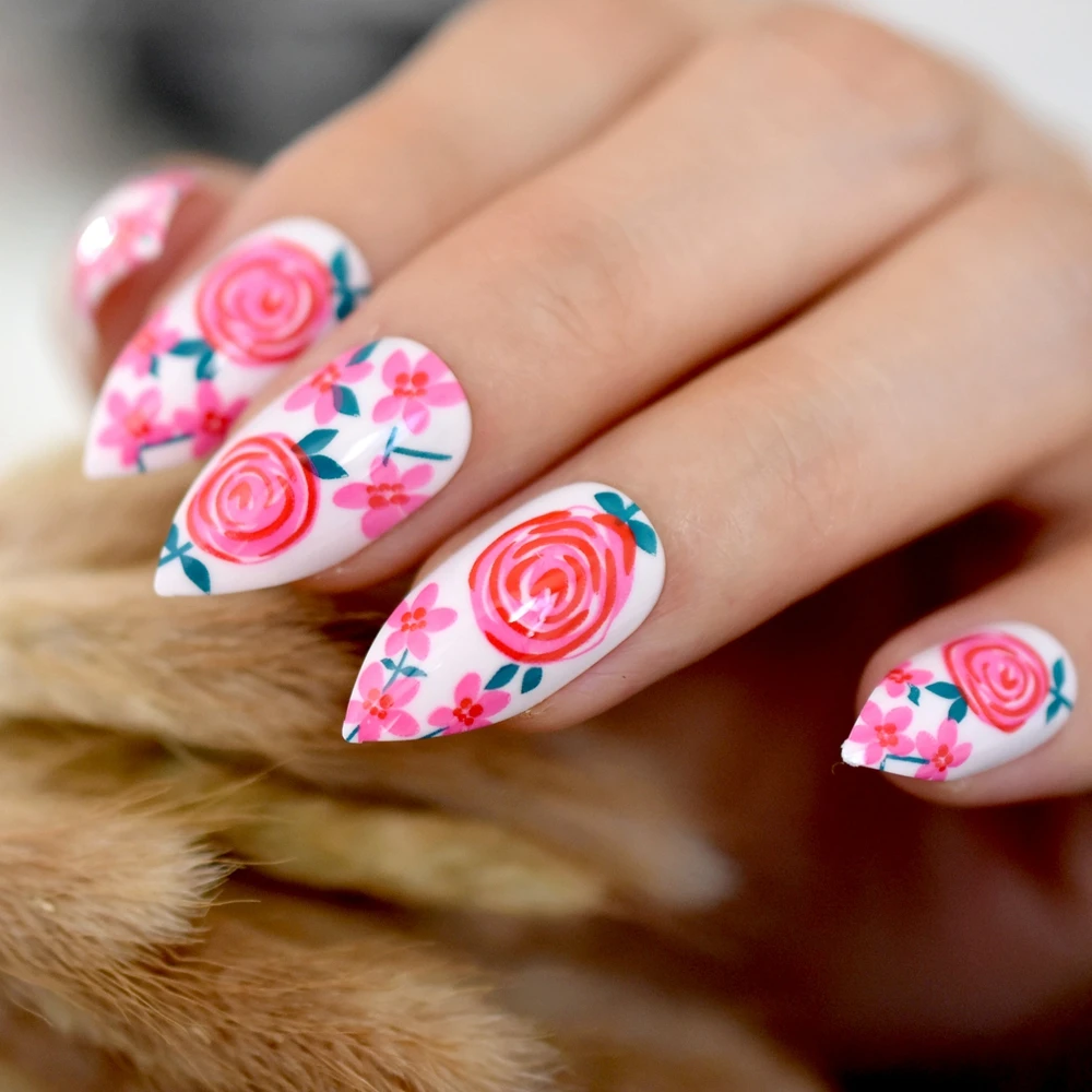 Искусственные ногти на шпильке с цветочным узором розово-красные леденец белые