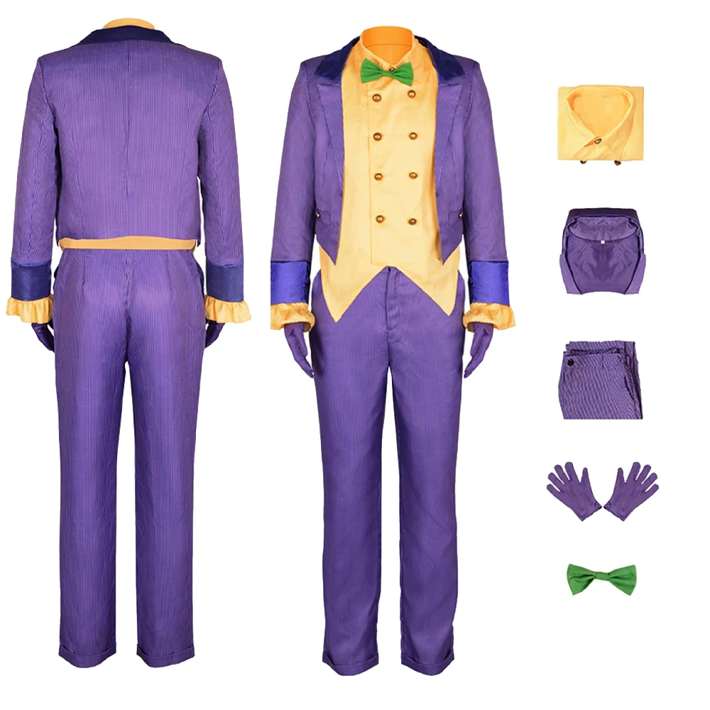 

Костюм для косплея Джокера, жилет с короной, пальто, брюки, перчатки, галстук для мужчин, одежда для костюмированной вечеринки на Хэллоуин, карнавал, искусственная кожа, маскировка, костюм для ролевых игр