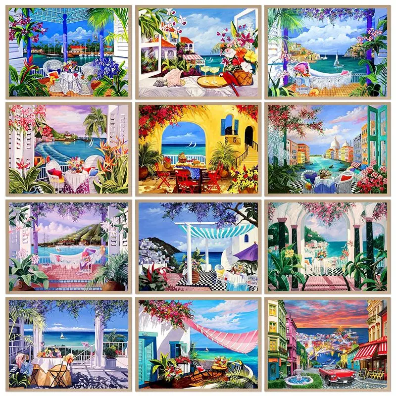 

CHENISTORY Pictures By Number Outdoor Balcony Scenery Kits Drawing On Canvas Painting By Numbers Handpainted Gift Home Decor