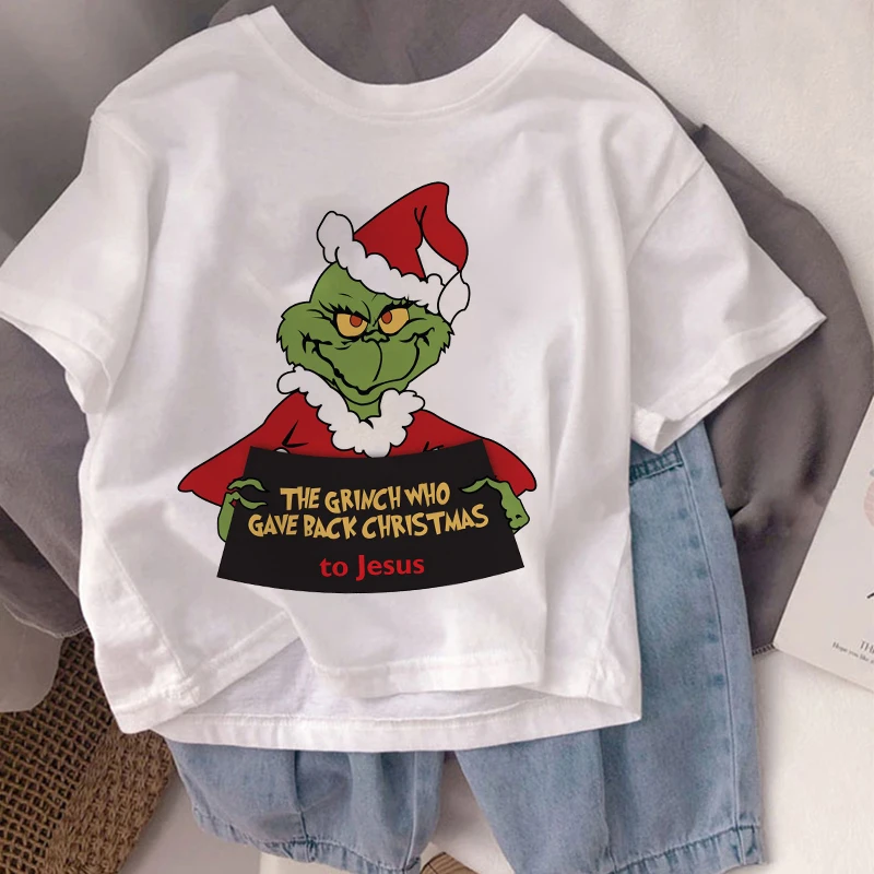 

Grinch Cartoon Pattern 2022 Summer New T-shirt Boys Clothes Fashion White Yellow Pink Short Sleeve 3 4 5 6 7 8 9 Kids Girls Tees
