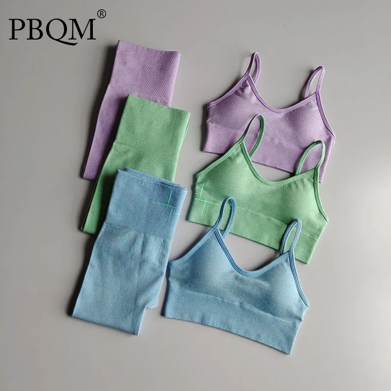 

PBQM Seamless Sports Elastic Two-piece Set Fast Drying Luminous Sweat Wicking Running Yoga Fitness Set For Women Reflective