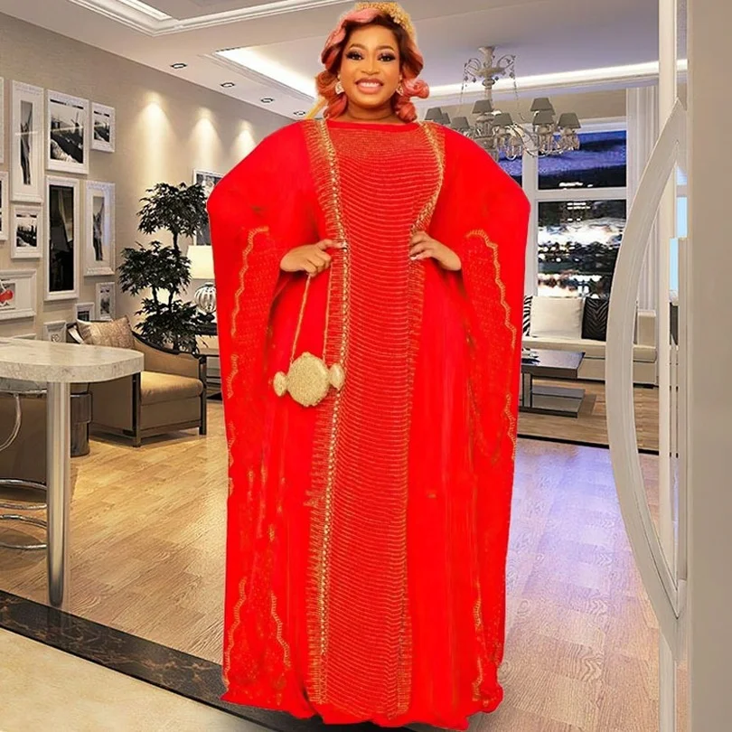 

African Dresses for Women Chiffon Diamonds Caftan Dress 2022 Traditional African Lady Abaya Boubou Robe African Clothes Women