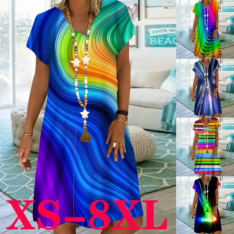 

New Casual Loose Dress Women V Neck Short Sleeve Dress Plus Size Party Dress Fashion Print Dress XS-8XL