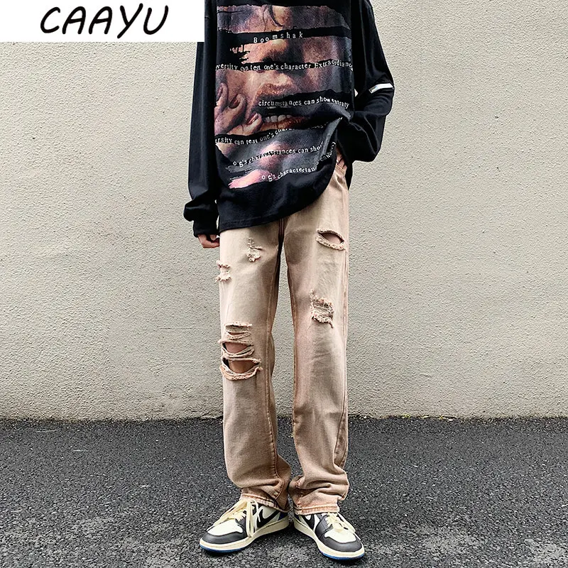 CAAYU 2022 New Baggy Jeans Mens Fashion Harajuku Loose Japanese Streetwear Straight Wide Leg Pants Male Clothing Brown Pants Men