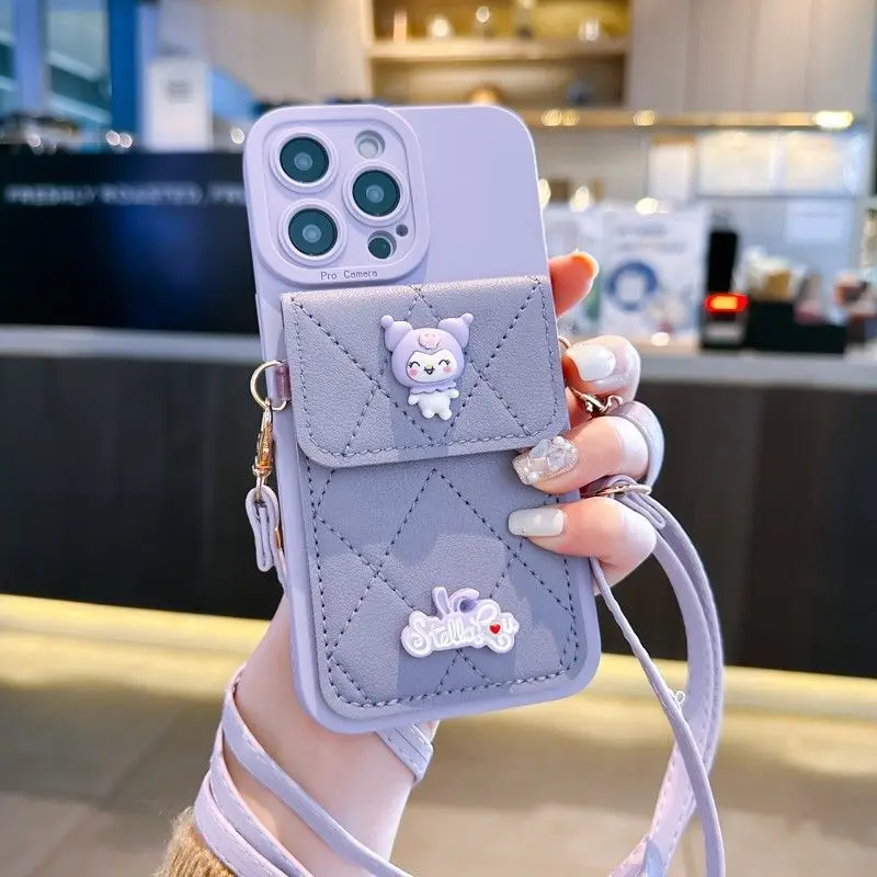 

Kawaii Sanrio Cartoon Anime Phone Case for Iphone Kuromi Strap Crossbody Rope with Card Bag Cute Fall Proof