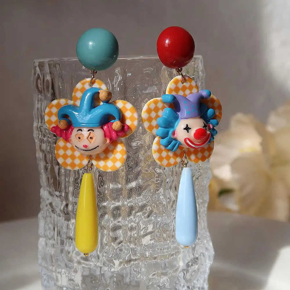 Забавные красочные цирковые клоуны Висячие серьги для женщин Смола милые
