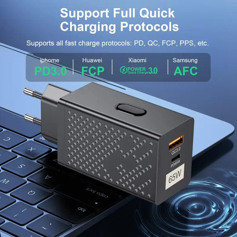 

65W GaN Type C PD Charger PC Fast Charger USB-C And USB-A Port Charger Suitable For Mobile Phones, Tablets, Laptops