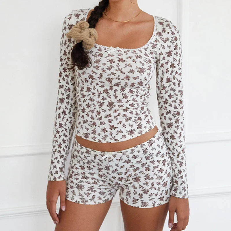 Y2k Женский комплект из 2 предметов Kawaii Cottage Lounge Sleepwear Футболка в рубчик с цветочным