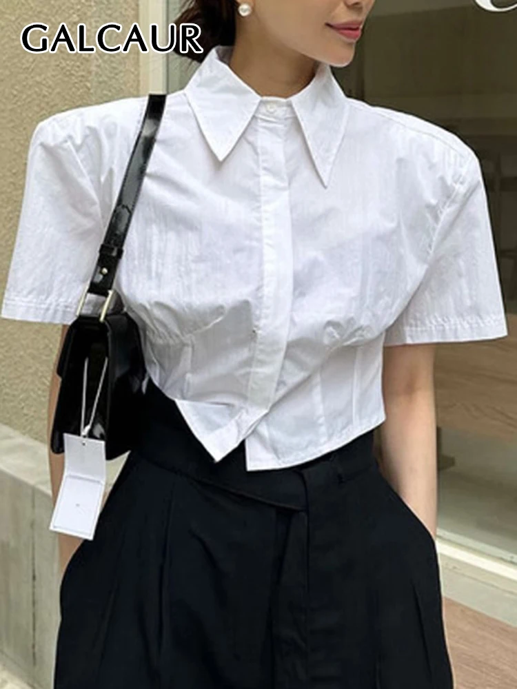 

GALCAUR Minimalist Korean Shirts For Women Lapel Short Sleeve Single Breasted Tunic Loose Folds Temperament Blouse Female Summer