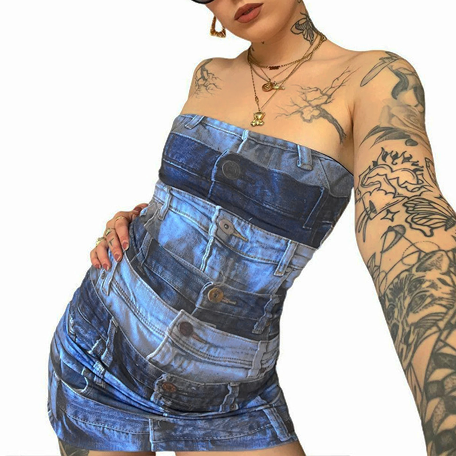 Women Denim Print Bodycon Dress Strapless Backless Patchwork Slim Fit Mini Dress for Club Party 2023 New Cheap Female Clothing