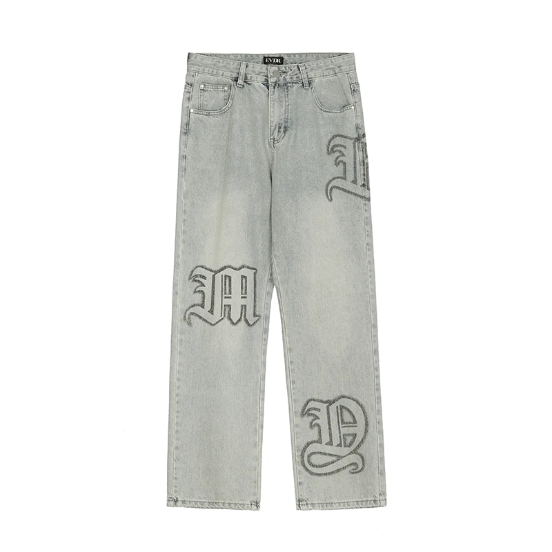 

Retro Letter Print Straight Light Blue Washed Mens Denim Pants High Street Pockets Spliced Casual Jeans Trousers Oversized