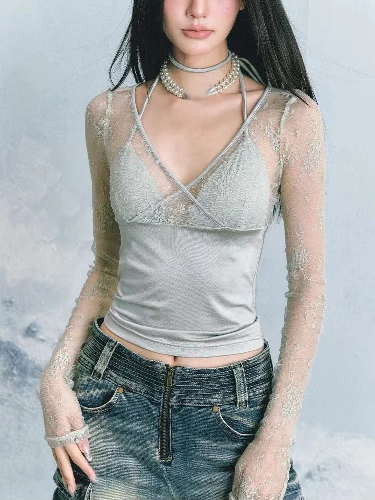 Женский Кружевной укороченный топ Y2k в стиле пэчворк винтажные облегающие