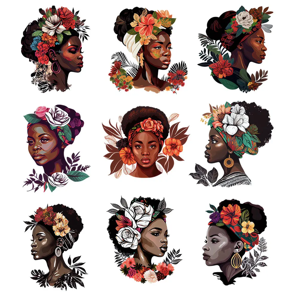 

Afro Girls Flowers Patches Amercia Woman Iron on Transfers for Clothing Thermoadhesive Stickers on Clothes Fusible Textile Patch