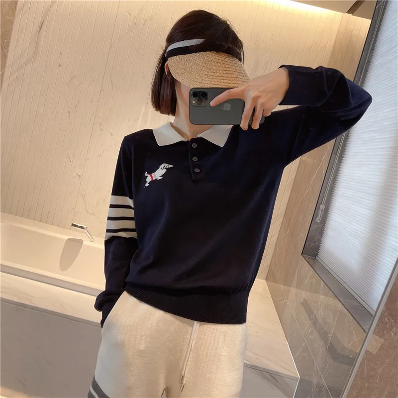 

tb college style polo sweater knitted puppy t sweater four-bar jacquard casual all-match age-reducing female lapel OL style