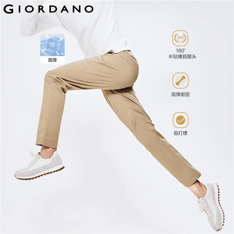

GIORDANO Men Pants High Stretch Mid Low Rise Easy Care Pants Plain Color 180°Elastic Waistband Relaxed Casual Chinos 01112057