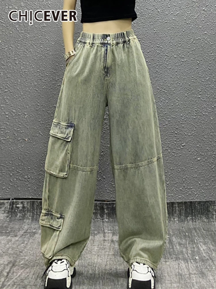 

Брюки-карго CHICEVER женские джинсовые, винтажные однотонные свободные штаны с завышенной талией, с карманами, в стиле пэчворк, в складку, прямые, весна