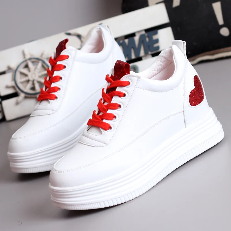 

8cm Hidden Heels White Platform Wedges Sneakers Women Shoes Quality PU Leather Tenis Feminino Casual Basket Femme