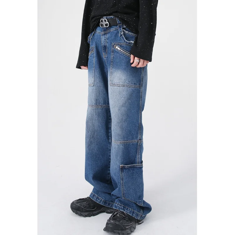 Men Clothing 2022 New Pattern Vintage Recreational Blue Jeans Loose Straight Cylinder Multiple Pockets Cargo Pants Autumn Female