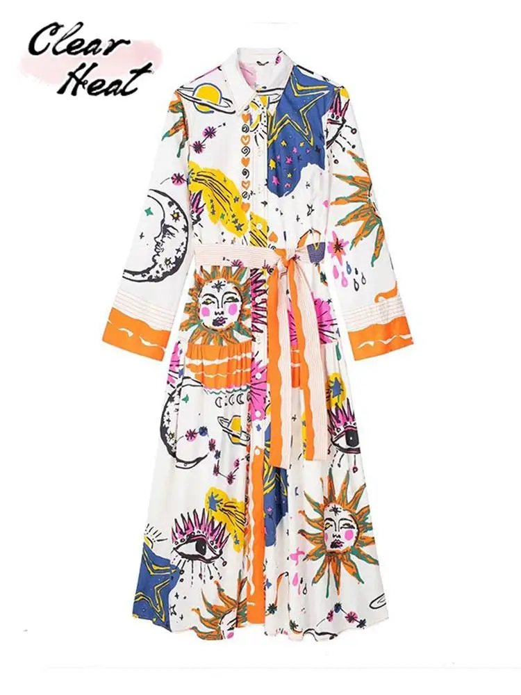 

Women Print Lace Up Shirt Midi Dresses Sexy Long Sleeve V Neck Wrap Waist Vestidos Summer Fashion Causal Streetwear Outfits