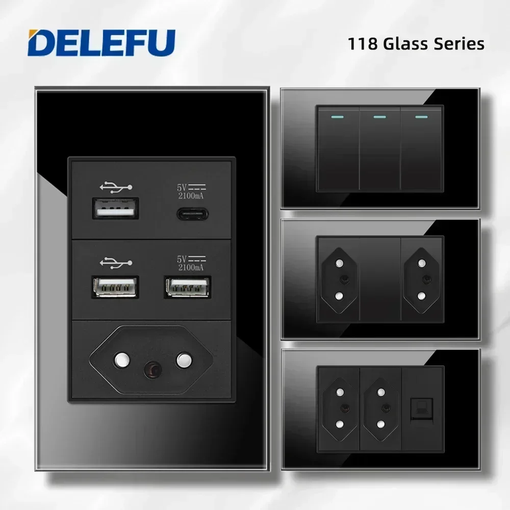DELEFU 4*2 Preto Vidro Temperado Brasil Tomada Padrão Dual Usb Tipo C Tomada de Parede Interruptor Luz Suíça paralelos 10A 20A Carga rápida  20W satélite TV Cat5 Cat6 telefone