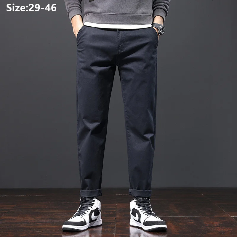 

Stretched Casual Men Cotton Trousers Loose Plus Size 46 44 42 40 Pencil Chino Pants Elastic Male Black Khaki Green Suit Clothing