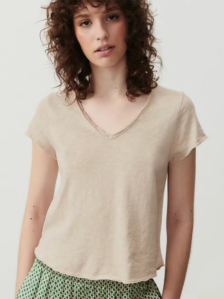 French Am VI Slub Cotton T-shirt Women's Short Sleeve Thin Loose Casual Small White V-neck Women Top T