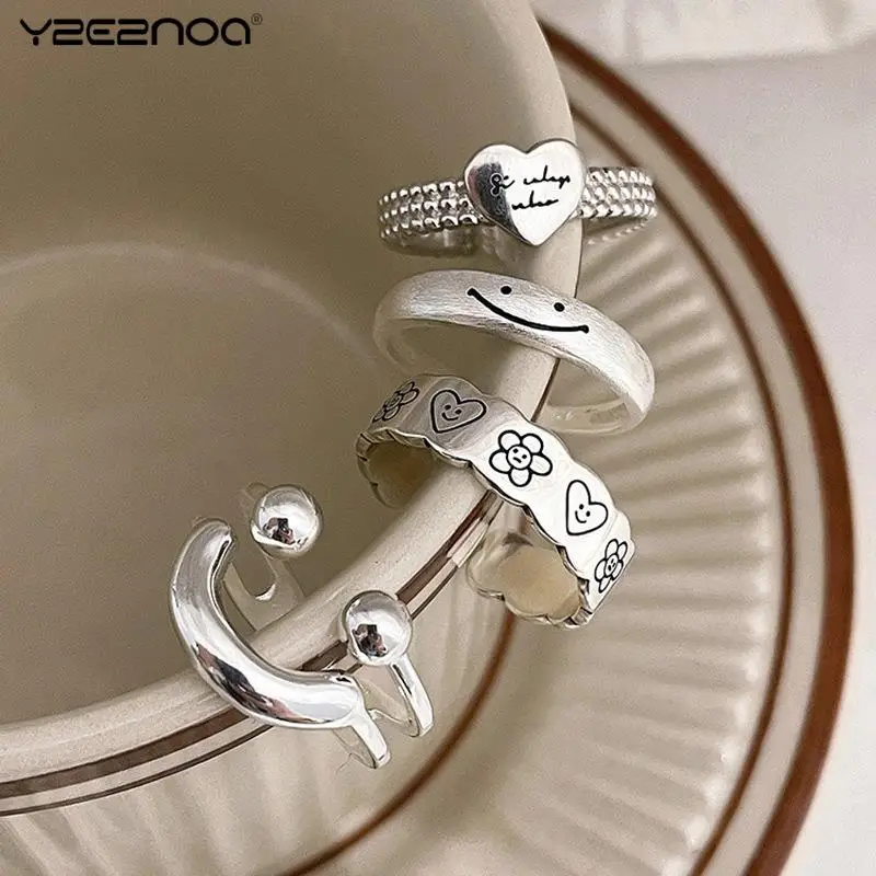 

925 Sterling Silver Smile Shape Ring For Women Fine Jewelry Finger Adjustable Open Vintage Ring For Party Birthday Gift