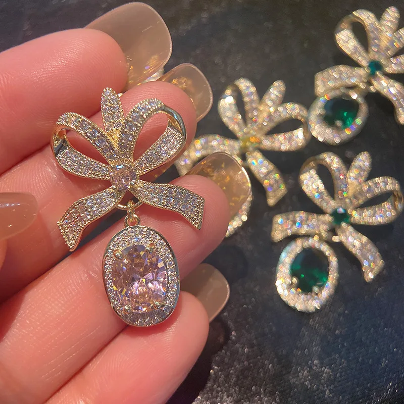

2022 New Light Luxury Zircon Bowknot Crystal Pendant Earrings Women's Trend Modern Partydress Dailry Korean Fashion Jewelry Gift