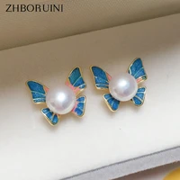 zhboruini 2022 coloured drawing enamel stud earring real natural pearl 14k gold gilled butterfly pearl earrings for women gift