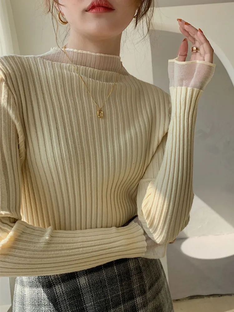 

Autumn Winter Pullover Women Half Neck Lace Patchwork Kintting Sweater Mujer 2022 Long Sleeve Top Basic All-match Korean Sweater