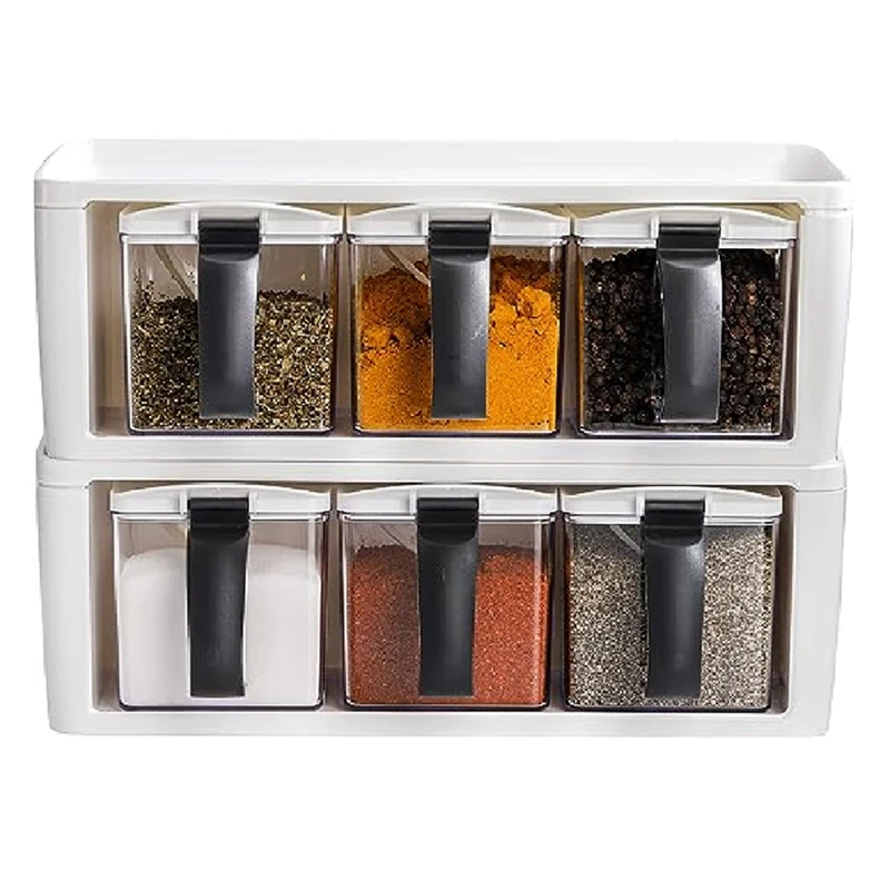 

Spice Rack PS+PP 3 Grids With Handle,Cover & Spoon,Clear Kitchen Salt Pepper Sugar Canisters Combo Set Stackable Cruet