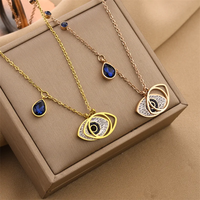 

Stainless Steel Necklaces Vintage Devil's Eye Blue Teardrop Layered Pendants Aesthetic Fashion Chain Necklace For Women Jewelry