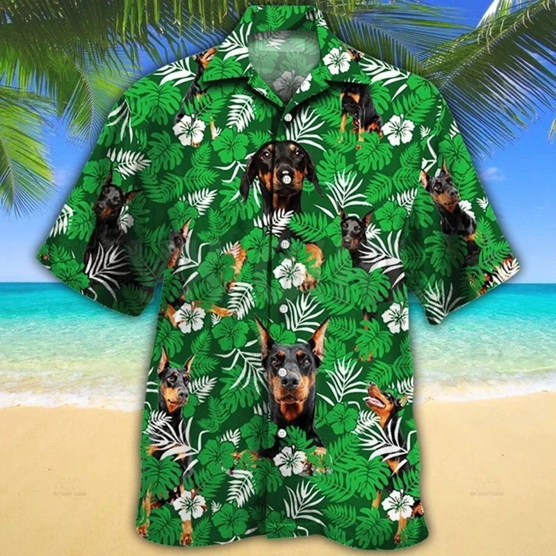 Doberman Pinscher Green Floral 3D All Over Printed Hawaiian Shirt Men's For Women's Harajuku Casual Shirt Unisex