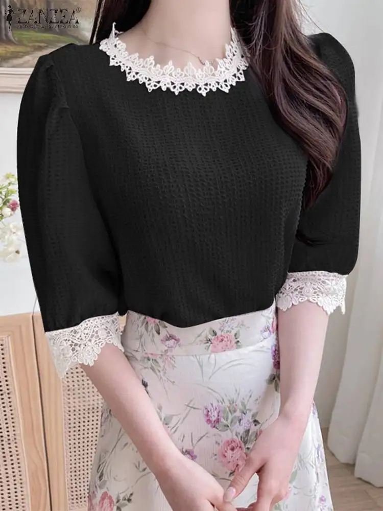 

ZANZEA Women Elegant Blouses Sweet 2023 Summer Crewneck Casual Tunics Korean Texture Fabric Puff Sleeve Lace Trim Shirts Tops