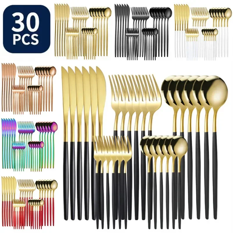 

Stainless 30pcs Fork Spoon Teaspoon Steak Flatware Dinnerware Dishwasher Knife Coffee Tableware Steel Safe Gold Set Kitchen Set