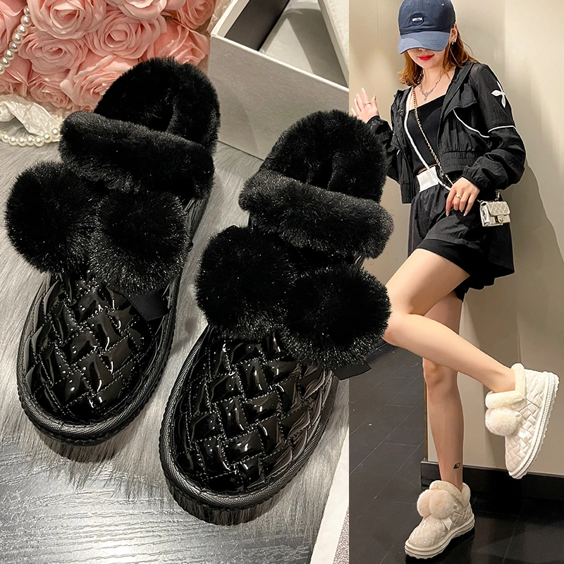 

Женские зимние ботинки с блестками, теплые плюшевые кожаные утепленные ботинки на плоской подошве, Нескользящие водонепроницаемые ботинки...