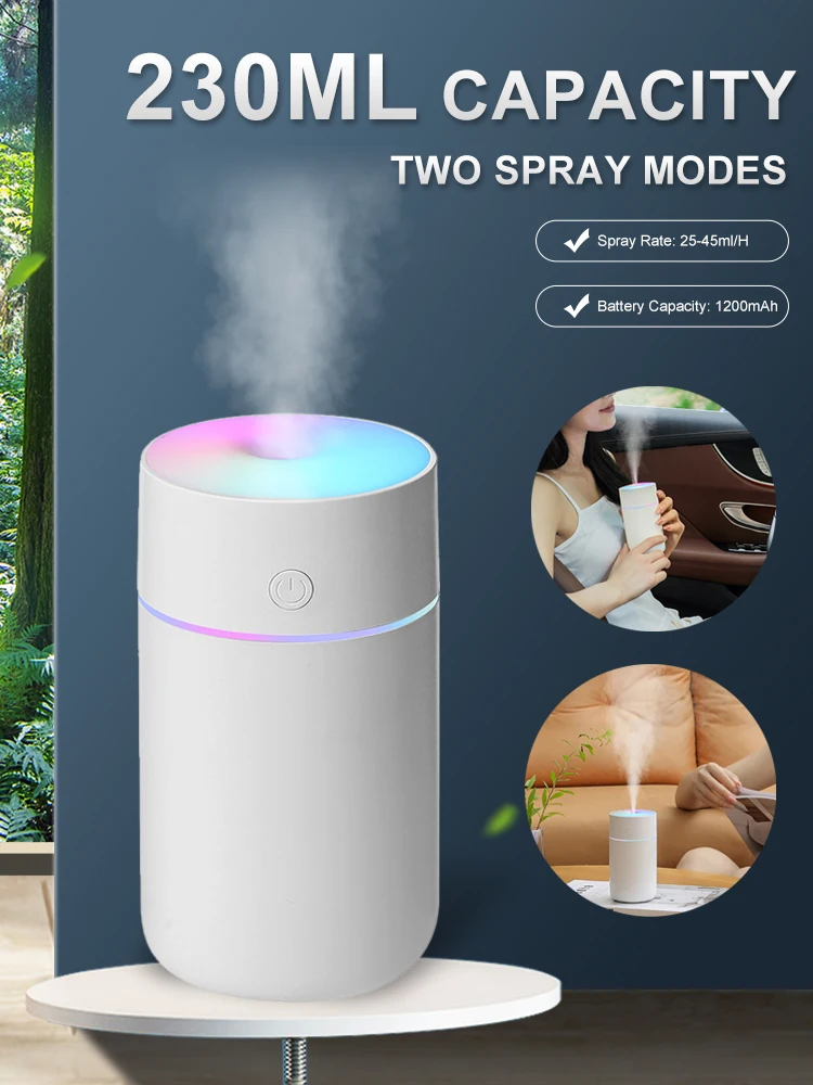 

230ml Portable Mini Humidifier USB Rechargeable Aroma Essential Oil Diffuser LED Light Humidifier Air Freshener for Car Home