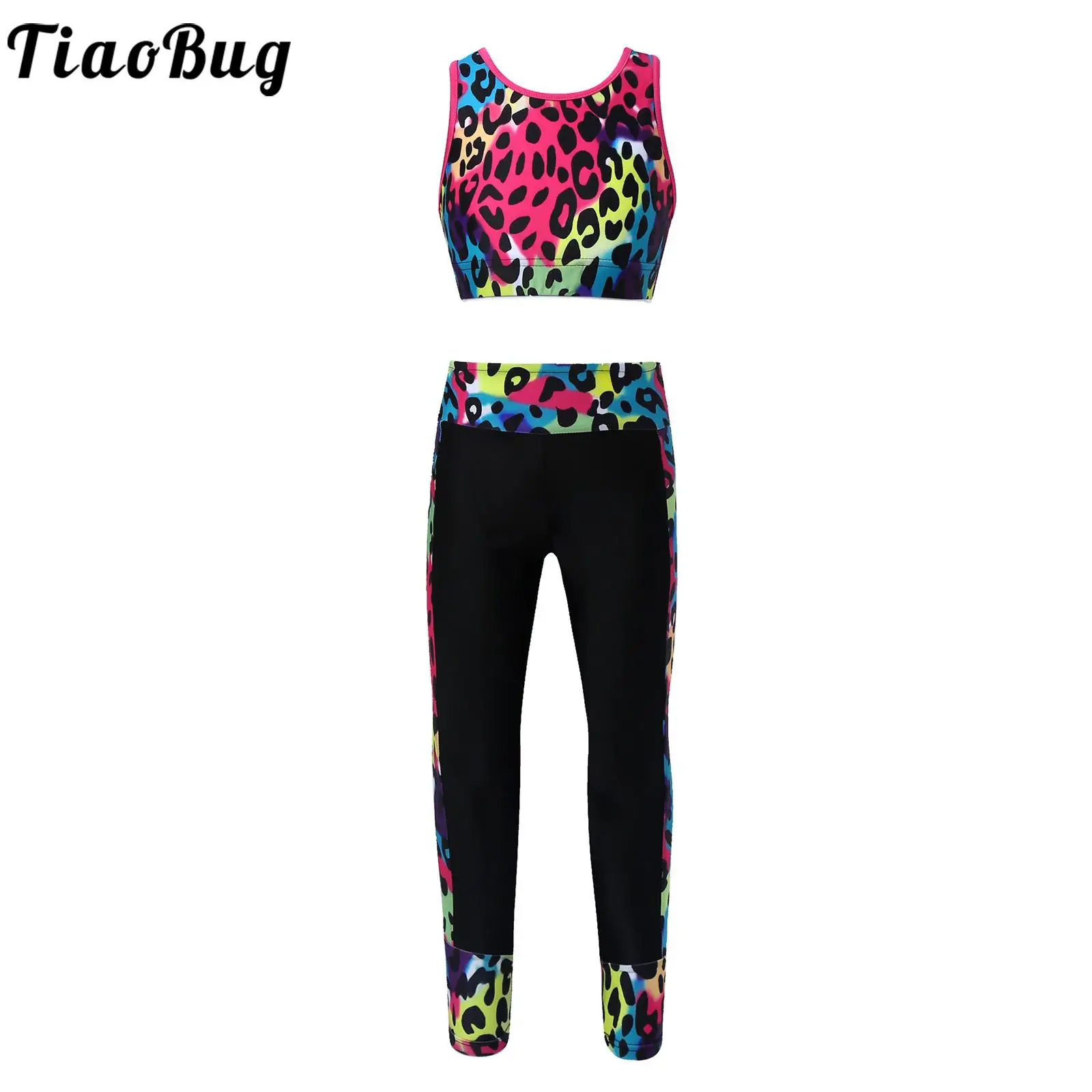 

Детская танцевальная одежда для девочек 2 шт., сетчатые майки без рукавов с цифровым принтом, кроп-топ с длинными леггинсами для гимнастики