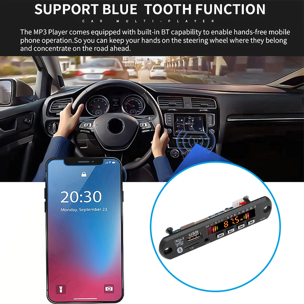 DC 9V 12V Bluetooth 5.0 MP3 Decoder Board Audio Module USB TF AUX FM Radio Wireless Car Music Player With Remote Control Mic images - 6