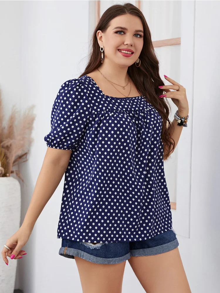 Chiffon Short Woven Round Neck Plaid Style Commuter Pullover Polka Dot Plus Size Women's Shirt
