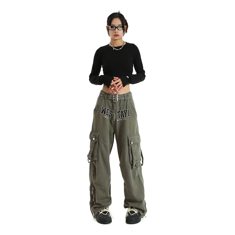 

Streetwear Letter Embroidery Straight Baggy Pants Women Vintage Hip Hop Straight High Waist Jeans Ladies Casual Trousers