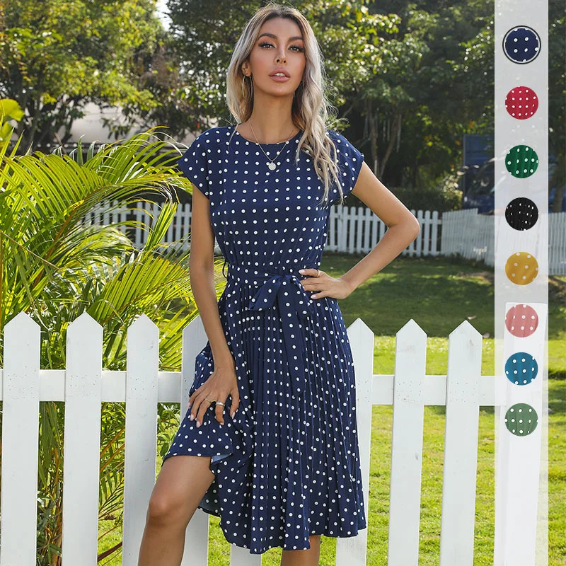 

Fashion Print Summer Woman Dress Polka Dot Short Sleeve Casual Belt Pleated Midi Dresses For Women Elegant Ladies Office Clothes