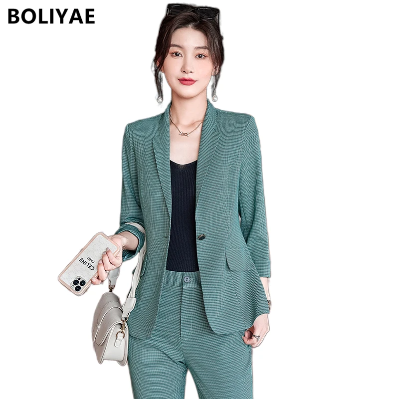 Women Blazer and Guard Pants Sets Two Pieces OL Fashion Office Lady Check Blazers Plaid Fashion V Neck Coat Formal Spring Autumn