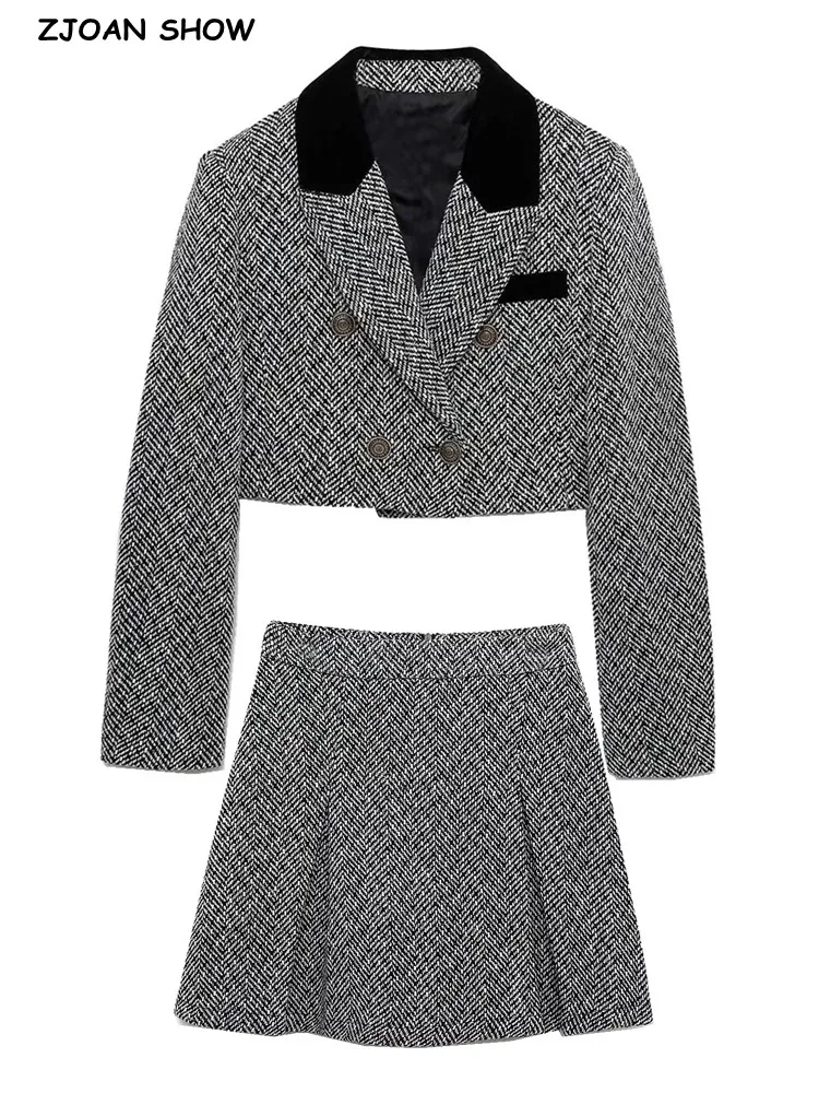 

Женский шерстяной костюм в стиле ретро, черный укороченный комплект из двух предметов, укороченный блейзер в полоску с волнистыми полоскам...